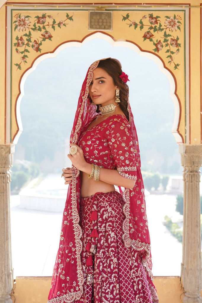 Rani Pink Designer Viscose Jacquard Lehenga Choli & Dupatta Set with Sequins ClothsVilla