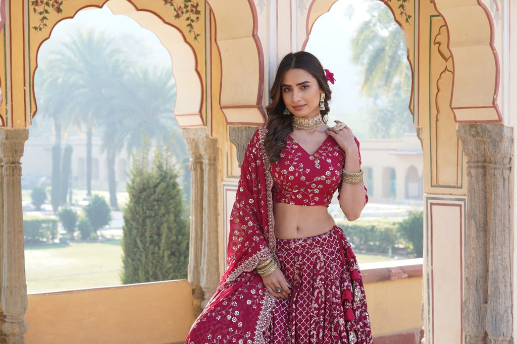 Rani Pink Designer Viscose Jacquard Lehenga Choli & Dupatta Set with Sequins ClothsVilla