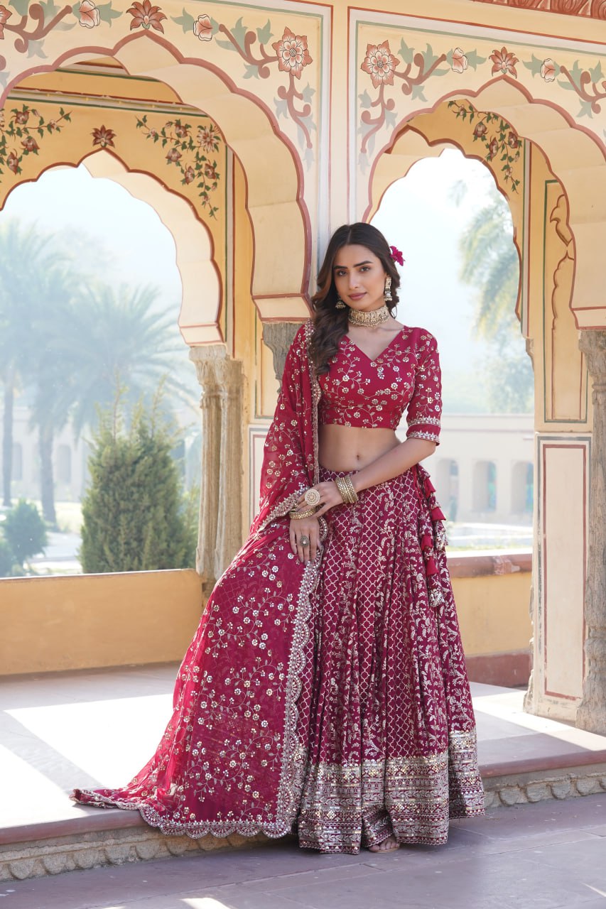 Rani Pink Designer Viscose Jacquard Lehenga Choli & Dupatta Set with Sequins ClothsVilla