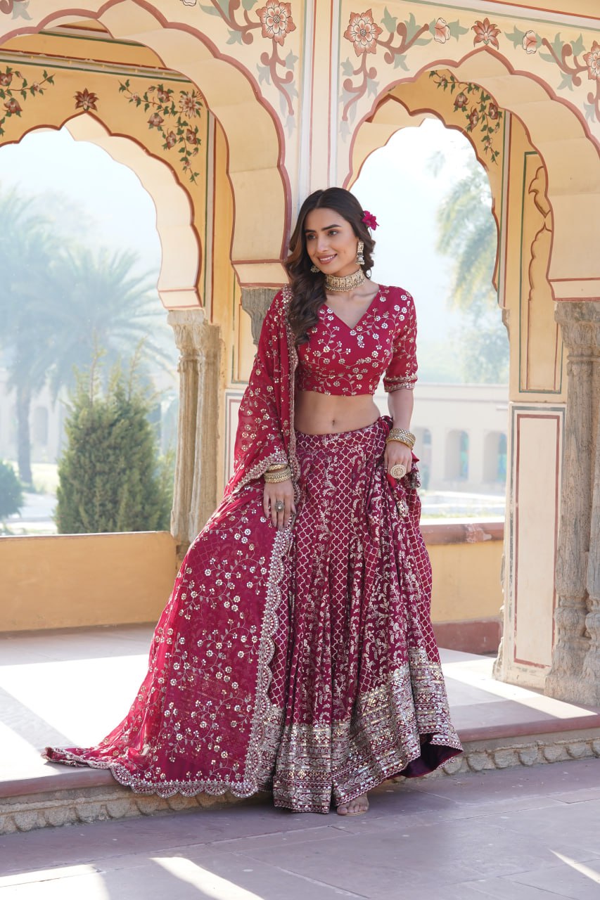Rani Pink Designer Viscose Jacquard Lehenga Choli & Dupatta Set with Sequins ClothsVilla