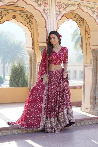Rani Pink Designer Viscose Jacquard Lehenga Choli & Dupatta Set with Sequins ClothsVilla
