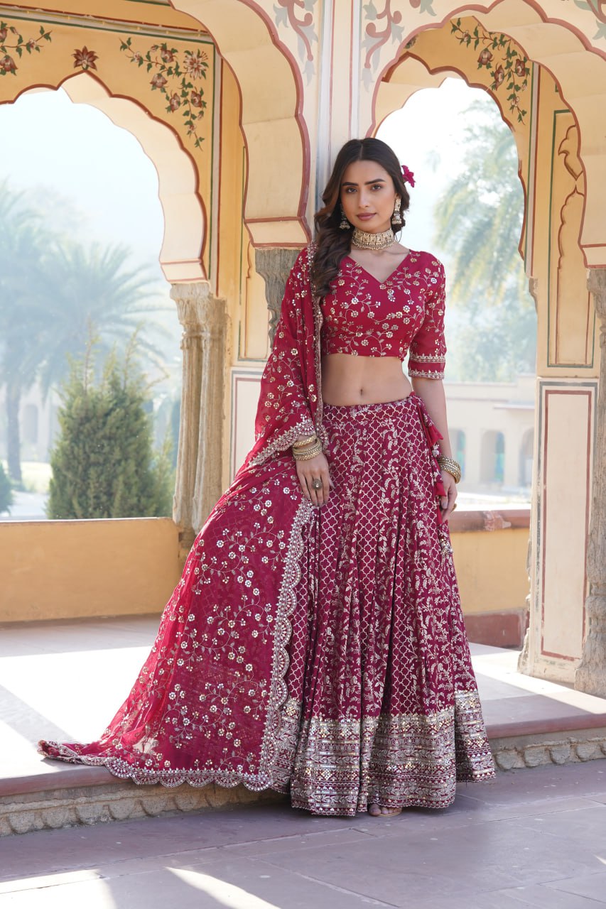 Rani Pink Designer Viscose Jacquard Lehenga Choli & Dupatta Set with Sequins ClothsVilla