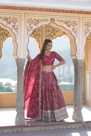 Rani Pink Designer Viscose Jacquard Lehenga Choli & Dupatta Set with Sequins ClothsVilla