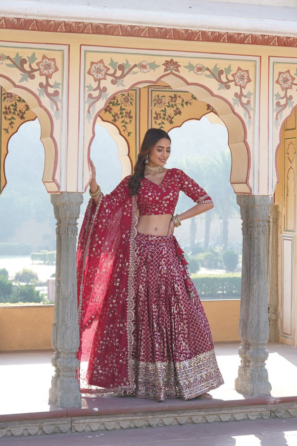 Rani Pink Designer Viscose Jacquard Lehenga Choli & Dupatta Set with Sequins ClothsVilla