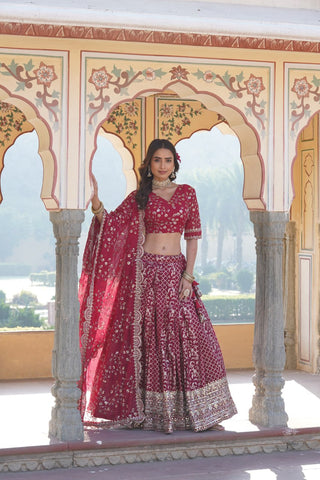 Rani Pink Designer Viscose Jacquard Lehenga Choli & Dupatta Set with Sequins ClothsVilla