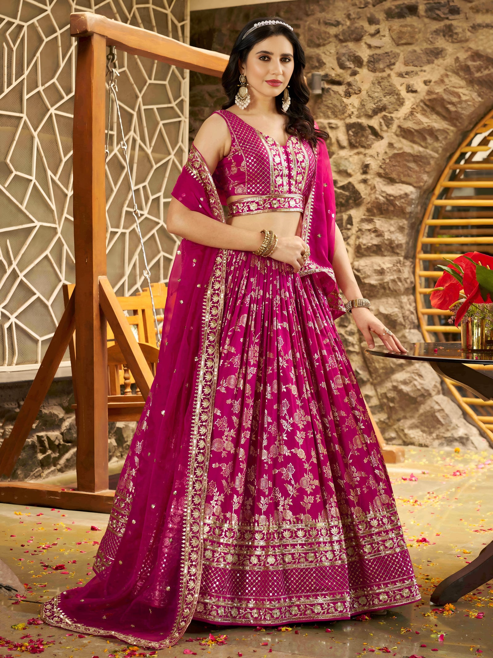 Rani Pink Dola Silk Jacquard Embroidered Lehenga Choli Clothsvilla