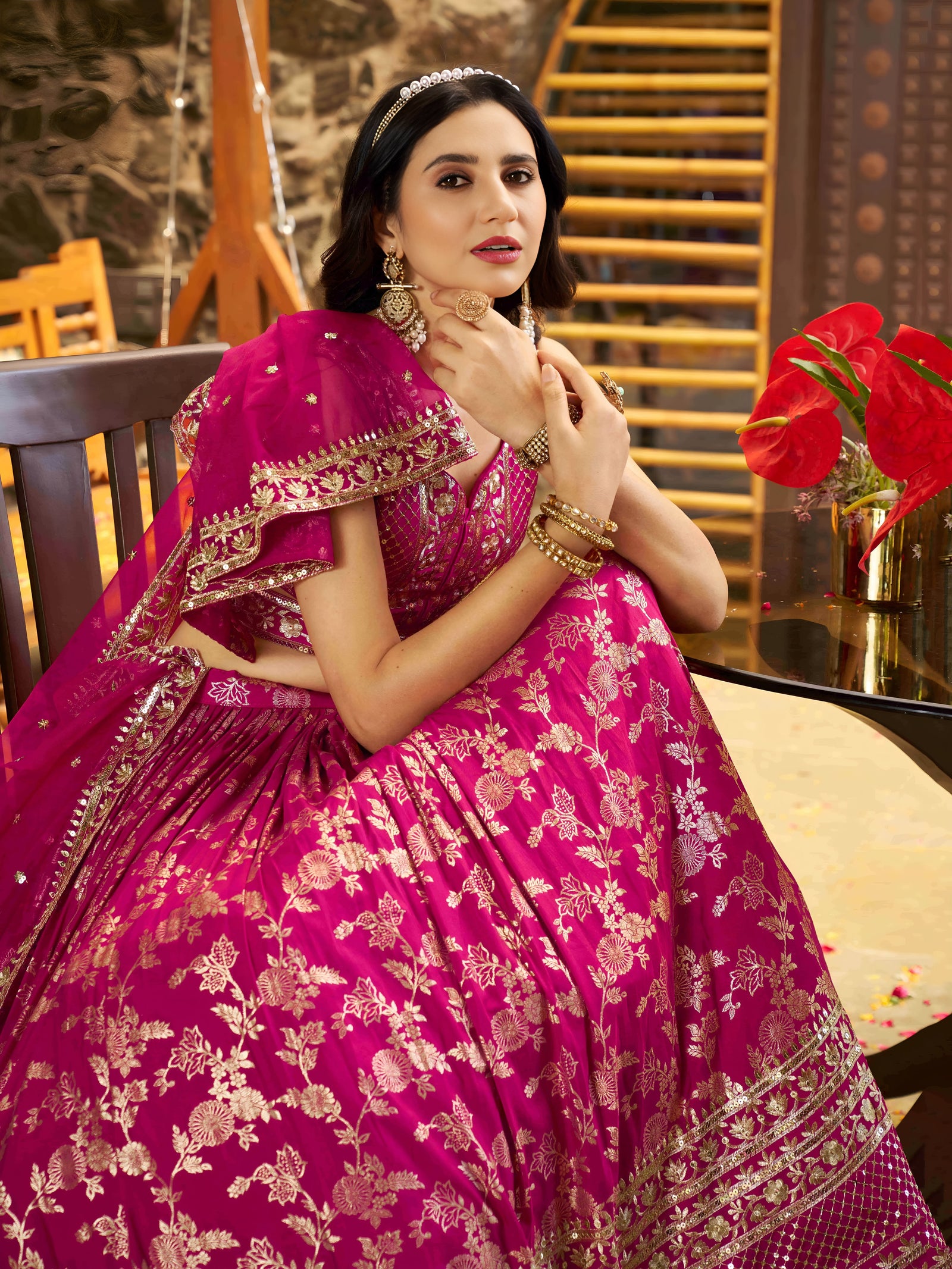 Rani Pink Dola Silk Jacquard Embroidered Lehenga Choli Clothsvilla