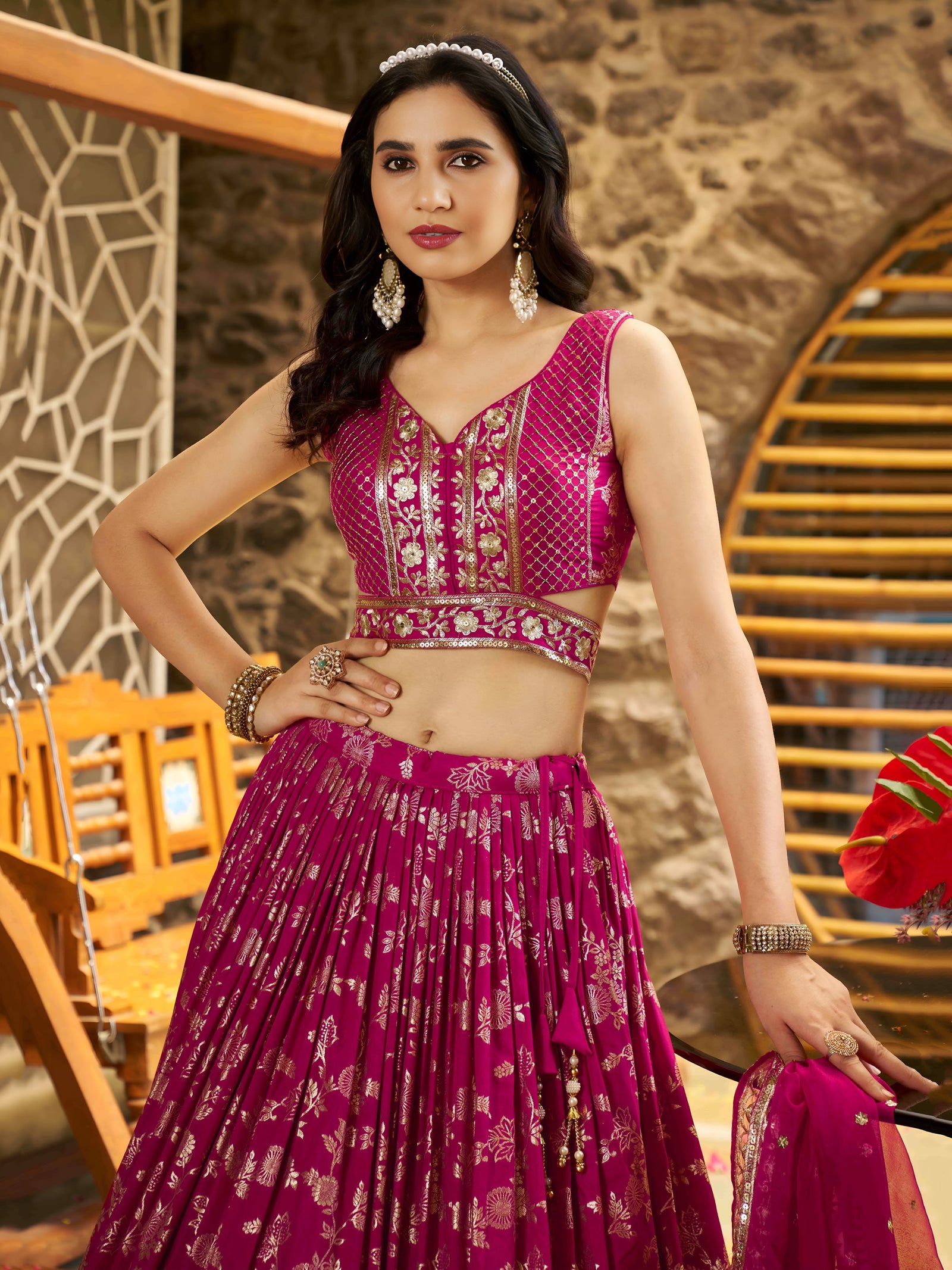 Rani Pink Dola Silk Jacquard Embroidered Lehenga Choli Clothsvilla