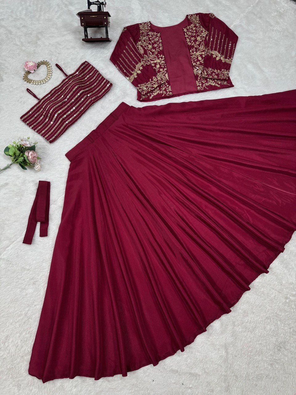 Rani Pink Elegant Chinon Silk Lehenga Choli Set with Koti