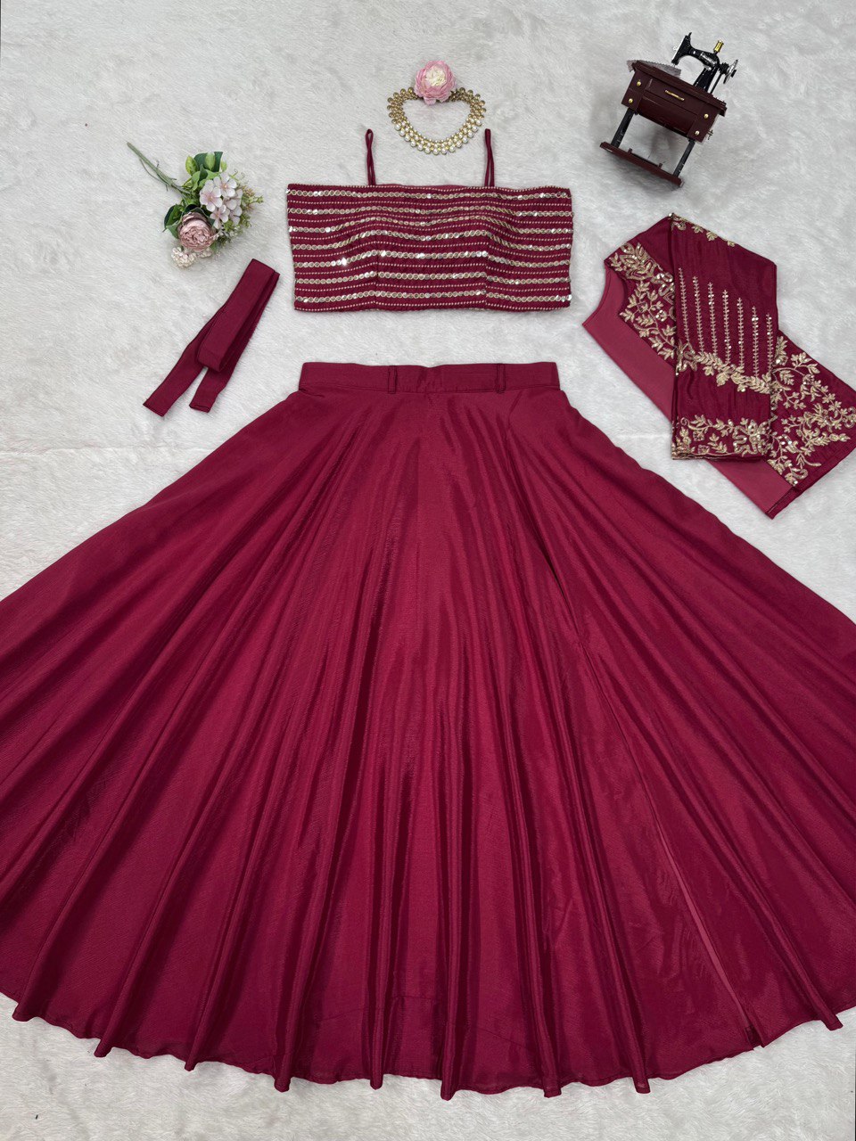 Rani Pink Elegant Chinon Silk Lehenga Choli Set with Koti