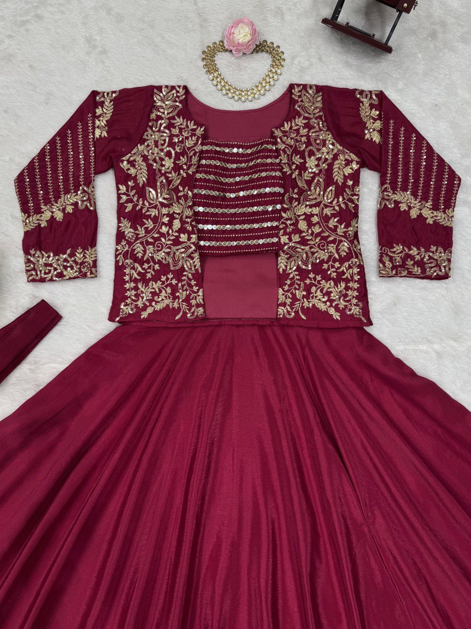 Rani Pink Elegant Chinon Silk Lehenga Choli Set with Koti