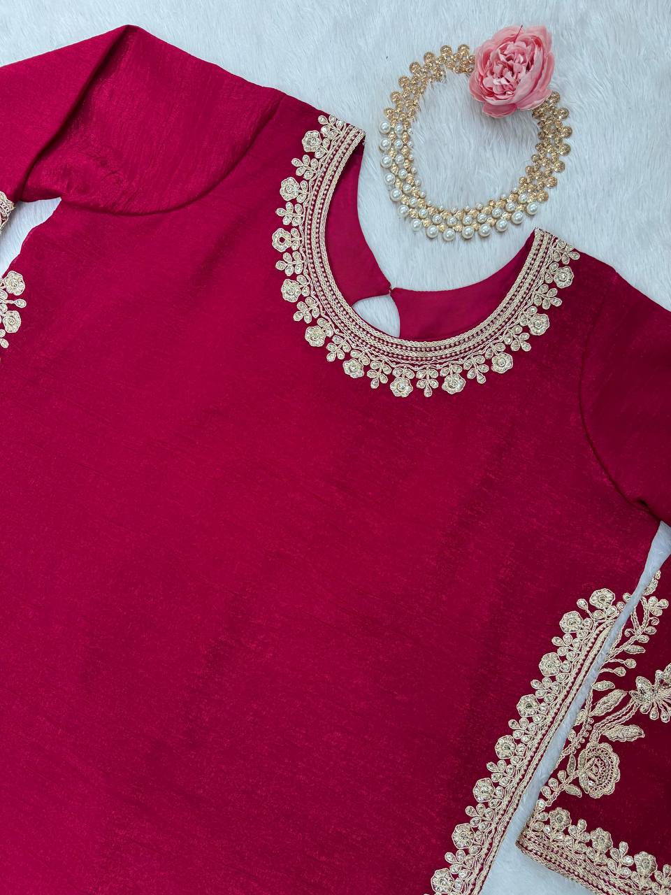 Rani Pink Elegant Crunch Silk Top & Sharara Set with Exquisite Embroidery ClothsVilla
