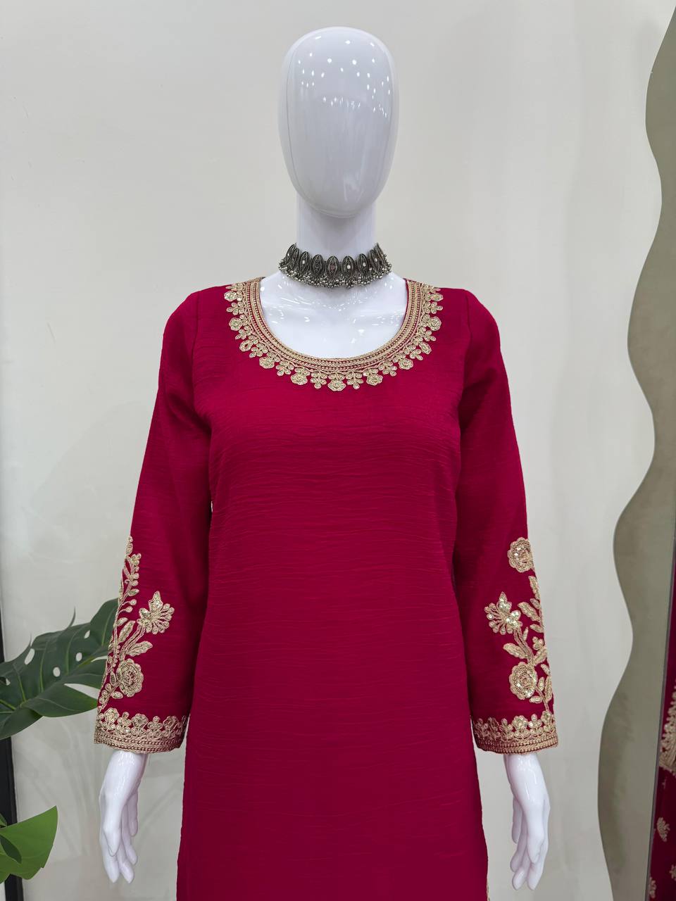 Rani Pink Elegant Crunch Silk Top & Sharara Set with Exquisite Embroidery ClothsVilla