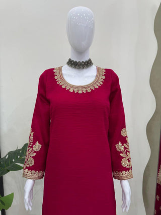 Rani Pink Elegant Crunch Silk Top & Sharara Set with Exquisite Embroidery ClothsVilla