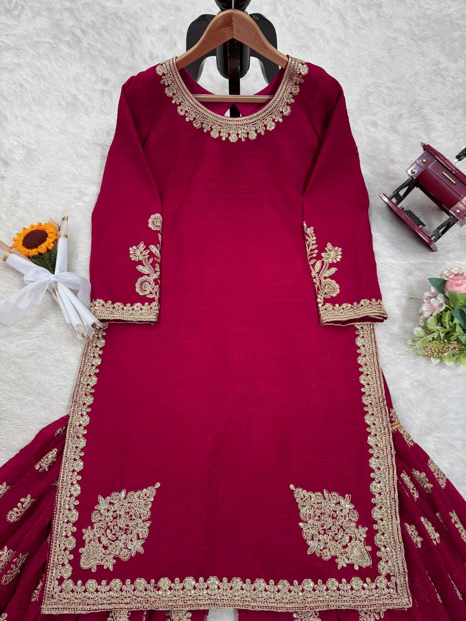 Rani Pink Elegant Crunch Silk Top & Sharara Set with Exquisite Embroidery ClothsVilla