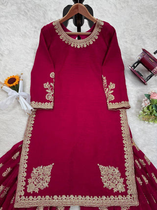 Rani Pink Elegant Crunch Silk Top & Sharara Set with Exquisite Embroidery ClothsVilla