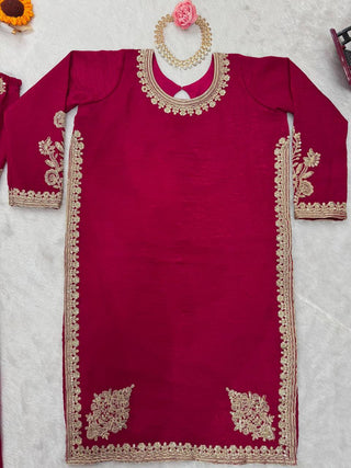 Rani Pink Elegant Crunch Silk Top & Sharara Set with Exquisite Embroidery ClothsVilla