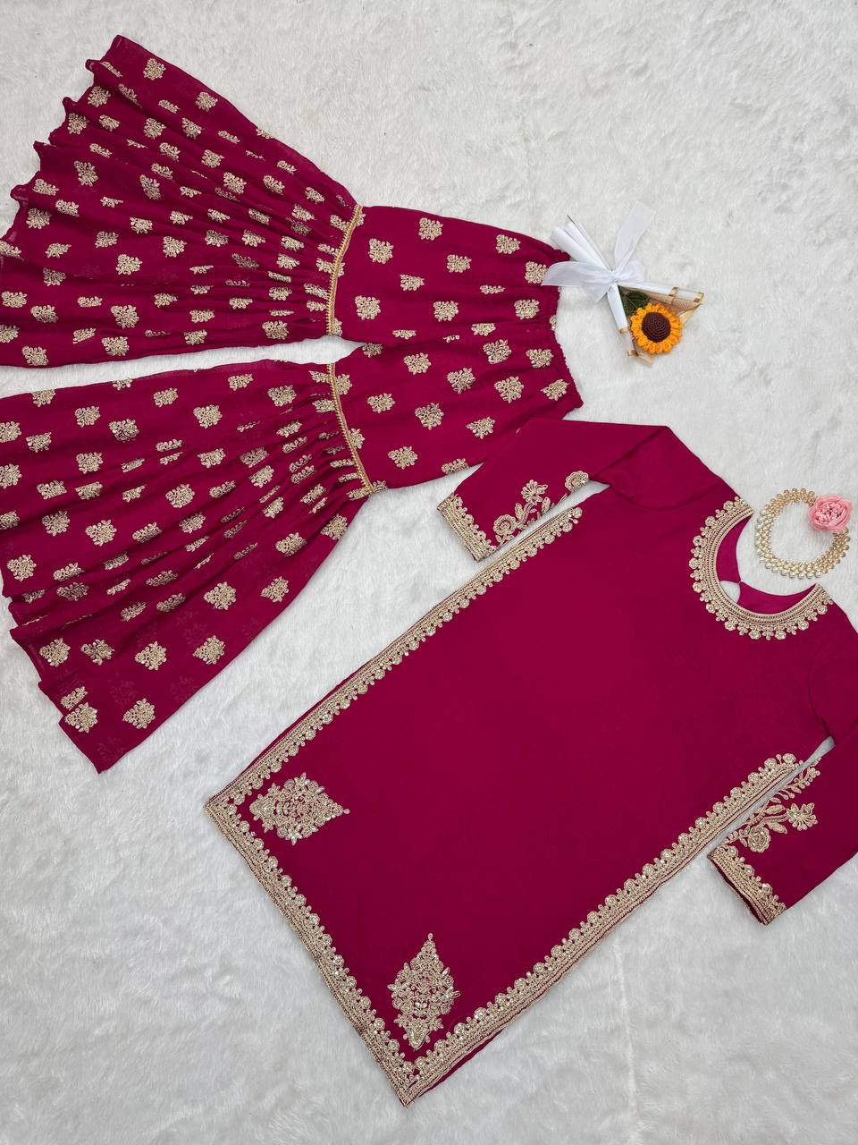 Rani Pink Elegant Crunch Silk Top & Sharara Set with Exquisite Embroidery ClothsVilla
