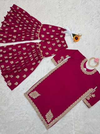 Rani Pink Elegant Crunch Silk Top & Sharara Set with Exquisite Embroidery ClothsVilla