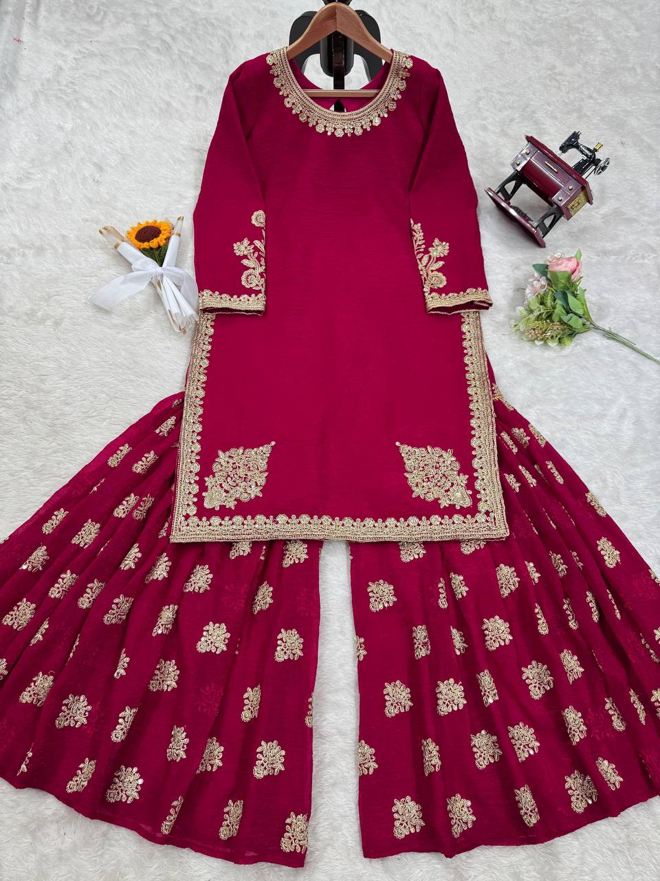 Rani Pink Elegant Crunch Silk Top & Sharara Set with Exquisite Embroidery ClothsVilla