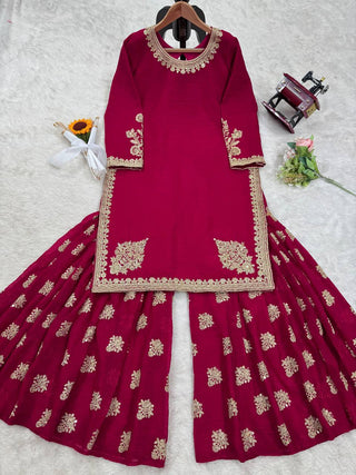 Rani Pink Elegant Crunch Silk Top & Sharara Set with Exquisite Embroidery ClothsVilla