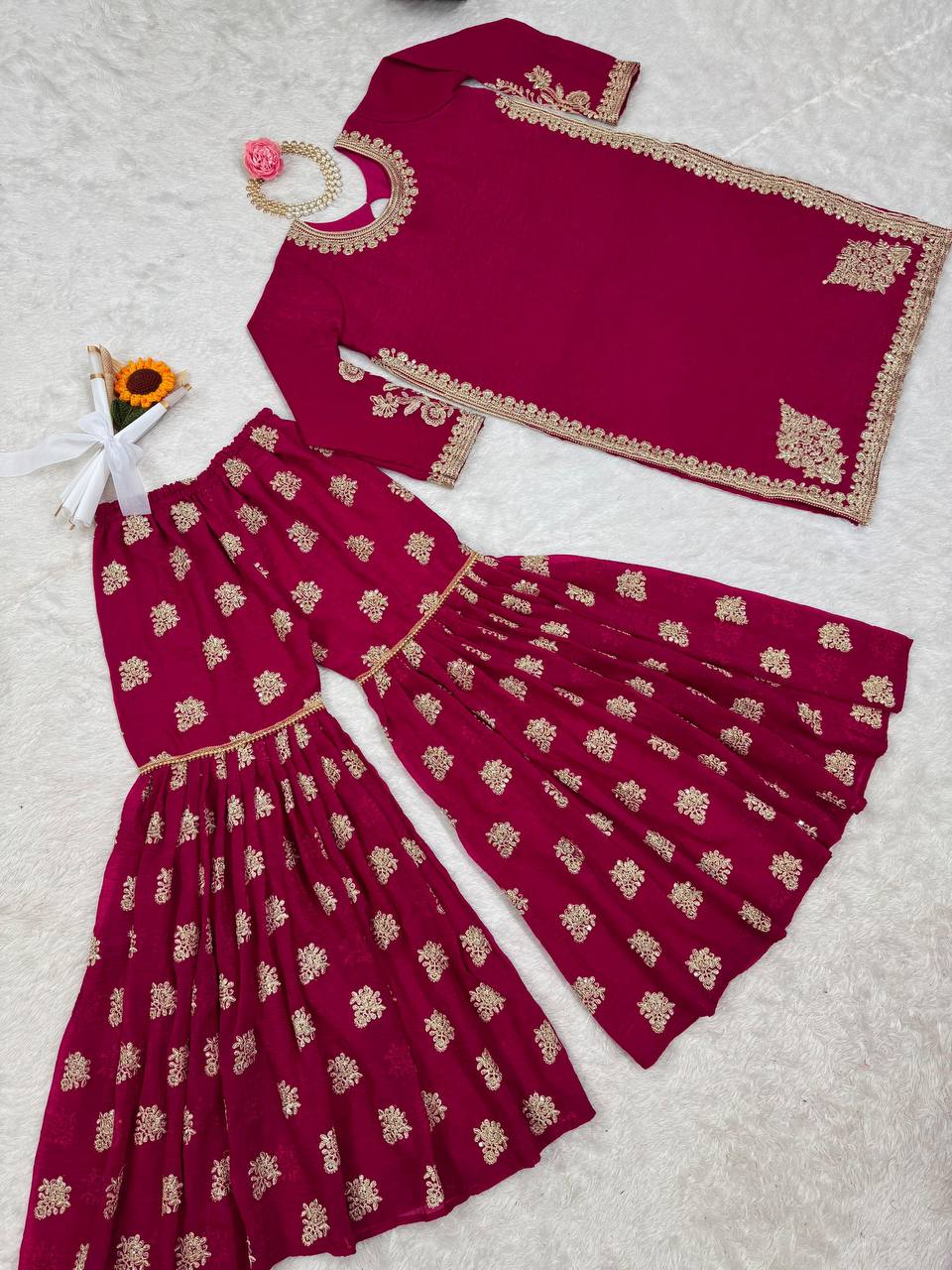 Rani Pink Elegant Crunch Silk Top & Sharara Set with Exquisite Embroidery ClothsVilla