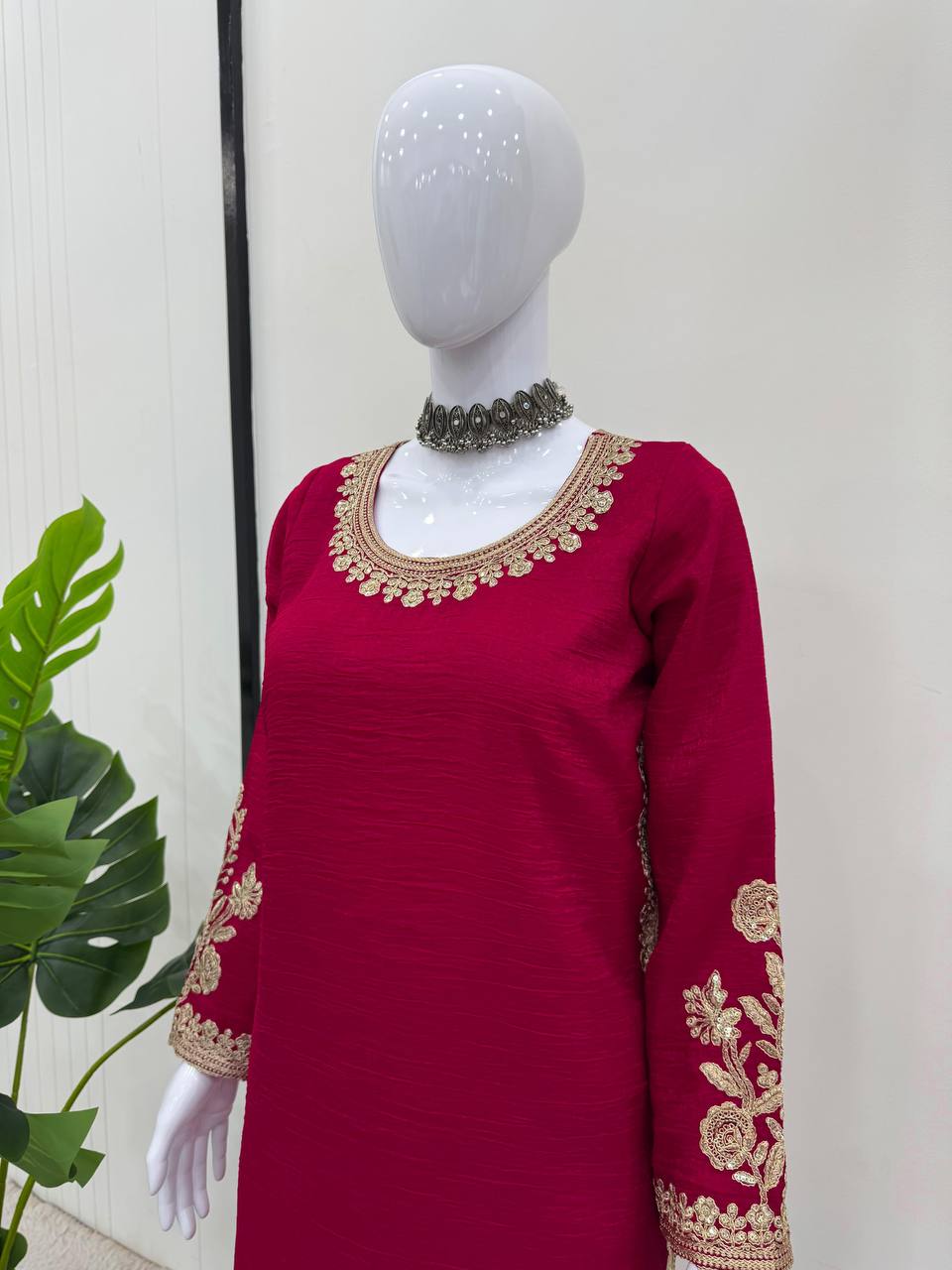Rani Pink Elegant Crunch Silk Top & Sharara Set with Exquisite Embroidery ClothsVilla