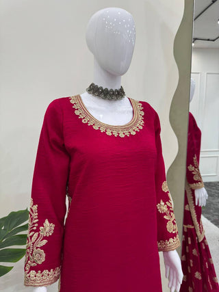 Rani Pink Elegant Crunch Silk Top & Sharara Set with Exquisite Embroidery ClothsVilla
