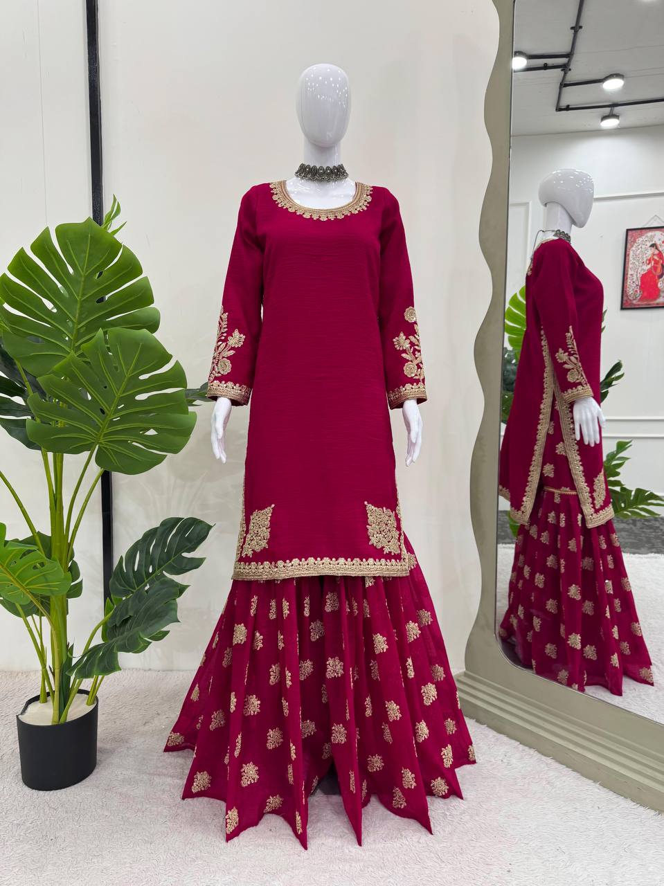 Rani Pink Elegant Crunch Silk Top & Sharara Set with Exquisite Embroidery ClothsVilla