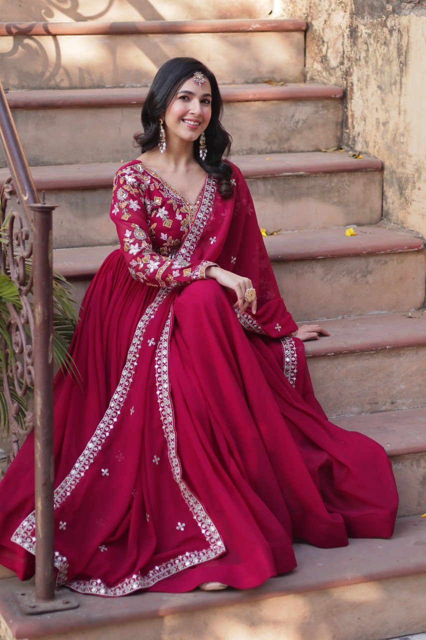 Rani Pink Elegant Embroidered Faux Blooming Gown with Dupatta – Luxe Festive Wear