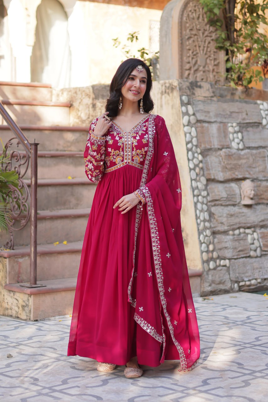 Rani Pink Elegant Embroidered Faux Blooming Gown with Dupatta – Luxe Festive Wear