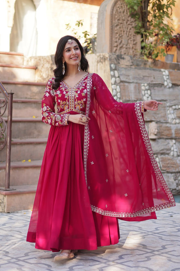 Rani Pink Elegant Embroidered Faux Blooming Gown with Dupatta – Luxe Festive Wear