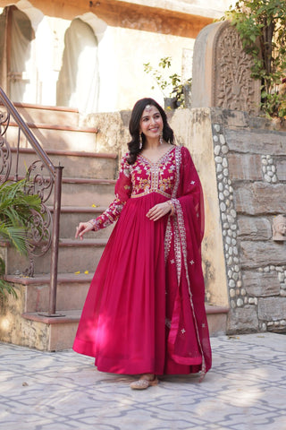 Rani Pink Elegant Embroidered Faux Blooming Gown with Dupatta – Luxe Festive Wear