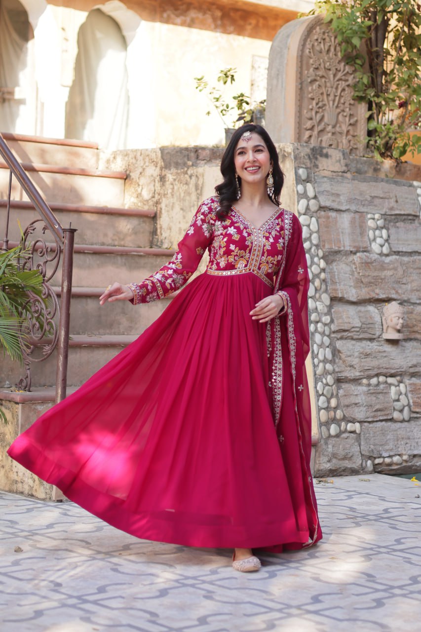 Rani Pink Elegant Embroidered Faux Blooming Gown with Dupatta – Luxe Festive Wear