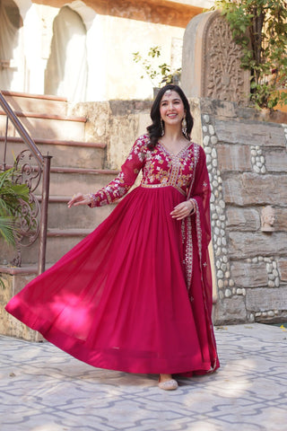 Rani Pink Elegant Embroidered Faux Blooming Gown with Dupatta – Luxe Festive Wear