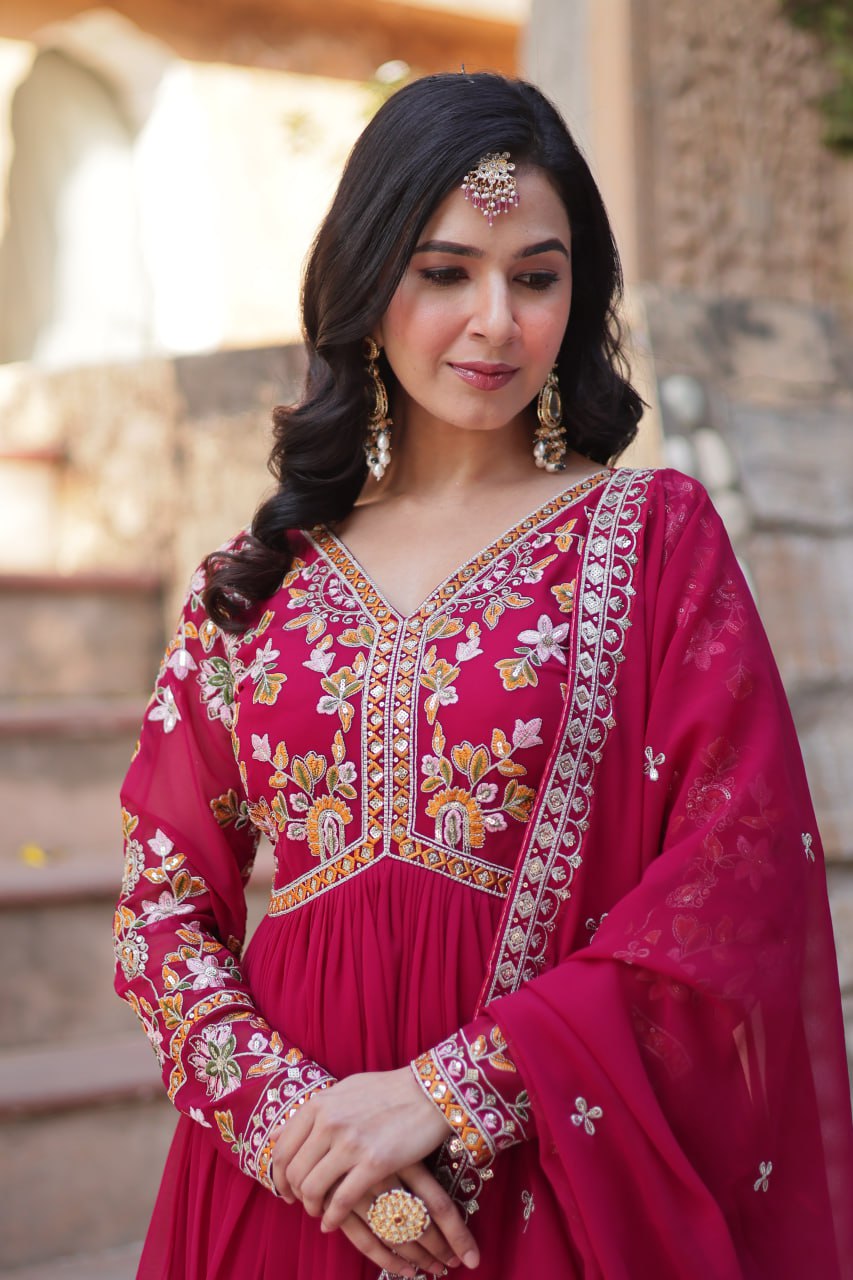 Rani Pink Elegant Embroidered Faux Blooming Gown with Dupatta – Luxe Festive Wear