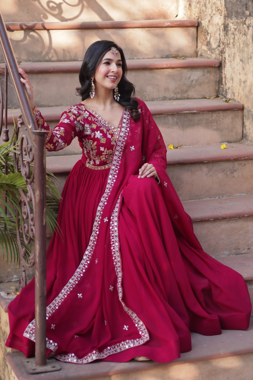 Rani Pink Elegant Embroidered Faux Blooming Gown with Dupatta – Luxe Festive Wear