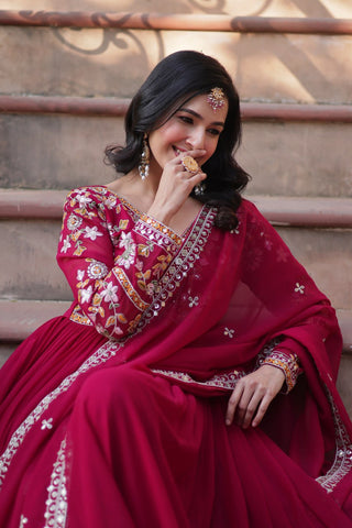 Rani Pink Elegant Embroidered Faux Blooming Gown with Dupatta – Luxe Festive Wear