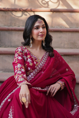 Rani Pink Elegant Embroidered Faux Blooming Gown with Dupatta – Luxe Festive Wear