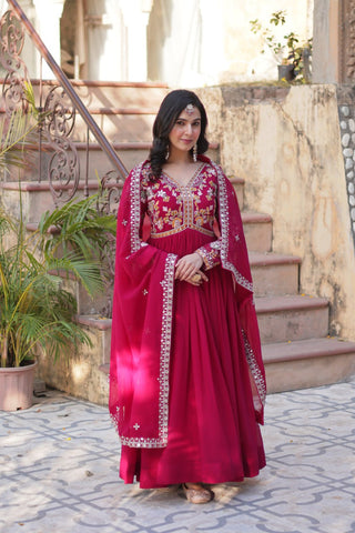 Rani Pink Elegant Embroidered Faux Blooming Gown with Dupatta – Luxe Festive Wear