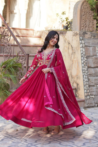 Rani Pink Elegant Embroidered Faux Blooming Gown with Dupatta – Luxe Festive Wear