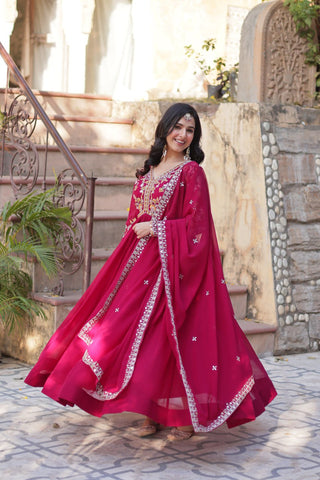Rani Pink Elegant Embroidered Faux Blooming Gown with Dupatta – Luxe Festive Wear