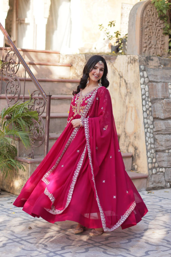 Rani Pink Elegant Embroidered Faux Blooming Gown with Dupatta – Luxe Festive Wear