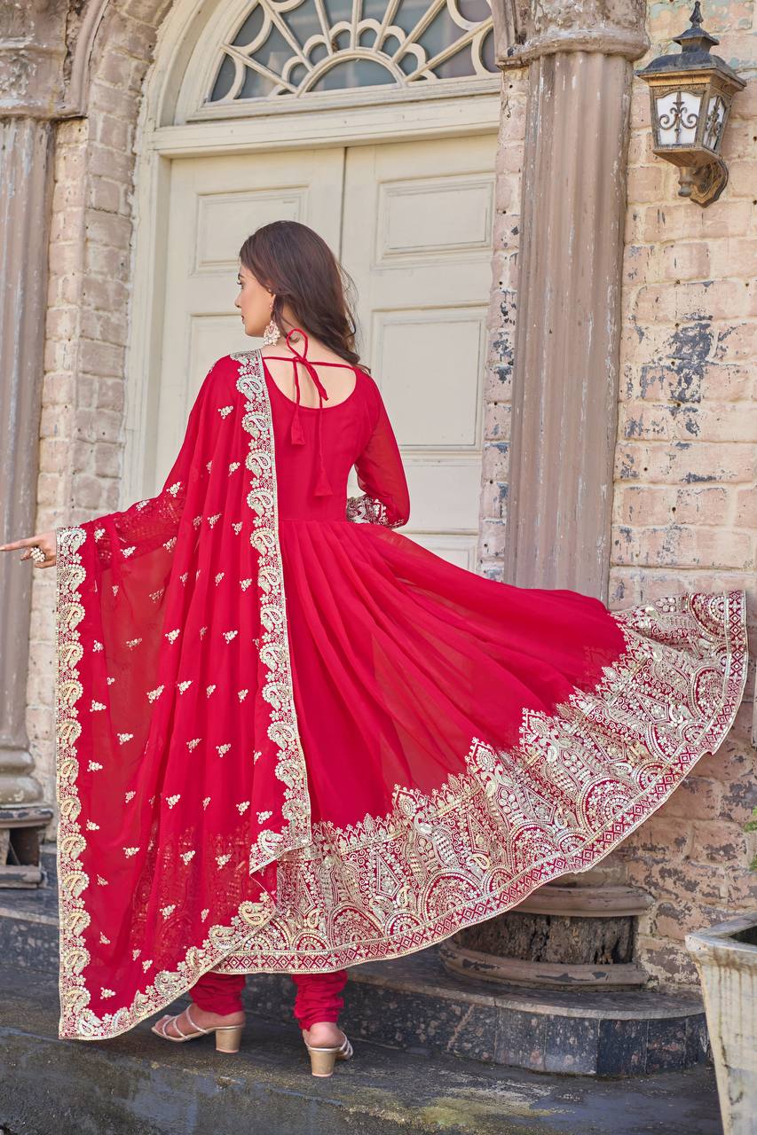 Rani Pink Elegant Embroidered Faux Georgette Gown Set with Dupatta & Chudidar – Fully Stitched Ensemble with 5mm Sequins Work & Tassel Sleeves ClothsVilla