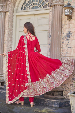Rani Pink Elegant Embroidered Faux Georgette Gown Set with Dupatta & Chudidar – Fully Stitched Ensemble with 5mm Sequins Work & Tassel Sleeves ClothsVilla