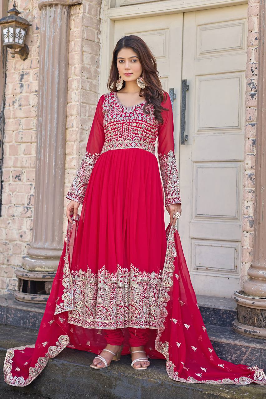 Rani Pink Elegant Embroidered Faux Georgette Gown Set with Dupatta & Chudidar – Fully Stitched Ensemble with 5mm Sequins Work & Tassel Sleeves ClothsVilla