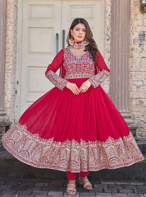 Rani Pink Elegant Embroidered Faux Georgette Gown Set with Dupatta & Chudidar – Fully Stitched Ensemble with 5mm Sequins Work & Tassel Sleeves ClothsVilla Main image