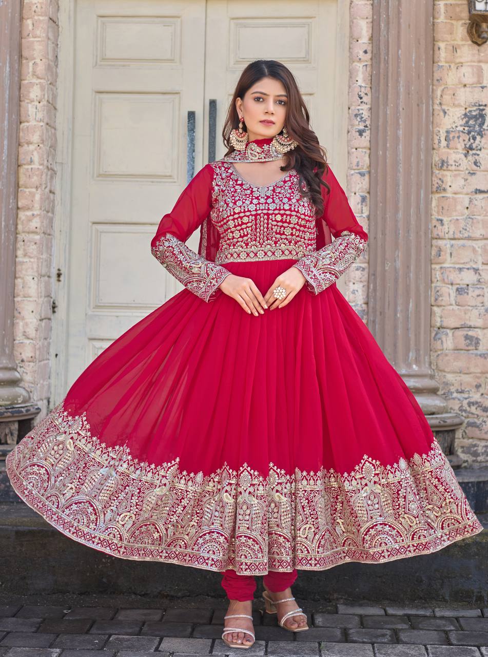 Rani Pink Elegant Embroidered Faux Georgette Gown Set with Dupatta & Chudidar – Fully Stitched Ensemble with 5mm Sequins Work & Tassel Sleeves ClothsVilla Main image