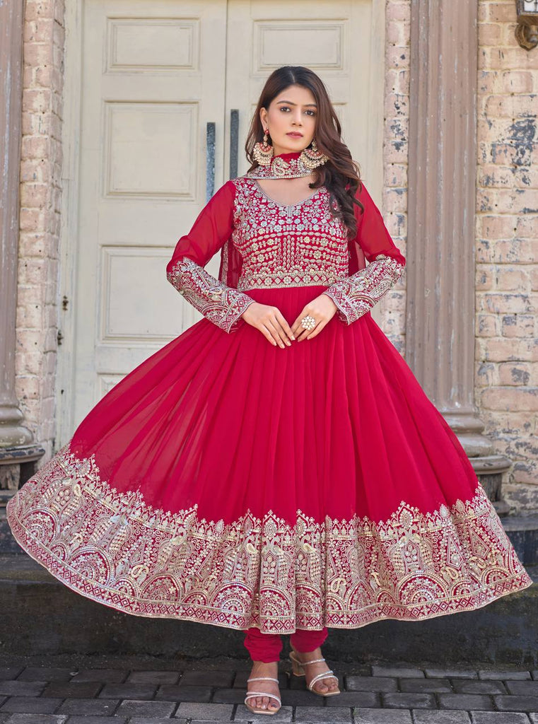 Rani Pink Elegant Embroidered Faux Georgette Gown Set with Dupatta & Chudidar – Fully Stitched Ensemble with 5mm Sequins Work & Tassel Sleeves ClothsVilla