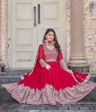 Rani Pink Elegant Embroidered Faux Georgette Gown Set with Dupatta & Chudidar – Fully Stitched Ensemble with 5mm Sequins Work & Tassel Sleeves ClothsVilla